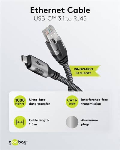 USB-C 3.1 / RJ45 Cat6 anslutningskabel 1m USB-C 3.1 / RJ45 Cat6 anslutningskabel 1m