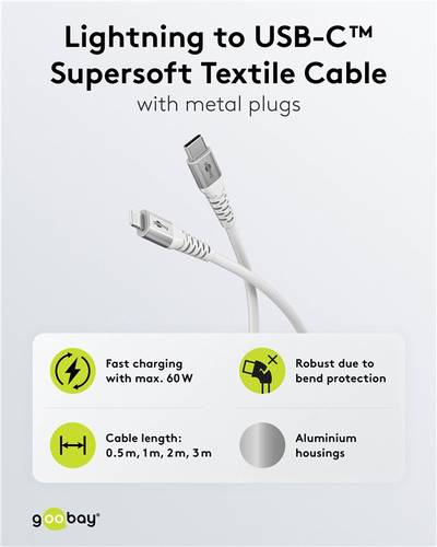 USB 2.0 USB-C/lightning textilkabel vit 2m
