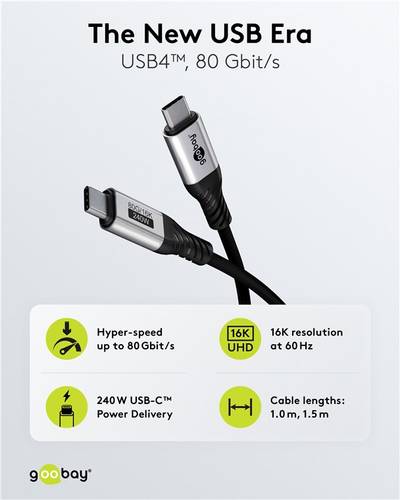 USB-C (USB 4.0) anslutningskabel USB-C/USB-C 240W 5A 80 Gbit/s svart 1,5m