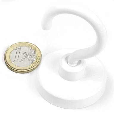 Permanentmagnet med fästhake Neodymium N38 40,3x9,3mm vit