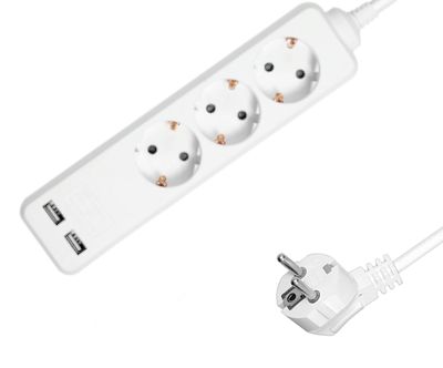 Schuko-förlängningsuttag 3-delat 2xUSB vitt 1,5m
