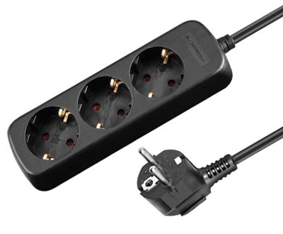 Schuko-förlängningsuttag 3-delad svart 1,5m