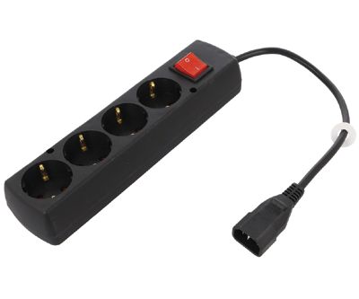 Schuko-förlängningsuttag med strömbrytare, 4-delar, IEC-kontakt C14, 0,3 m