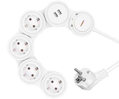 Schuko-förlängningsuttag flexibelt/med strömbrytare 4-delar 2xUSB vit 1,5m