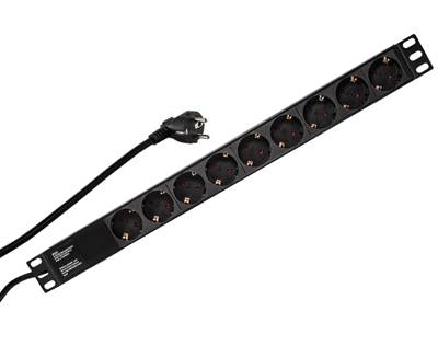 Strömbrytarskena med Schuko-kontakter 19" 9-delad