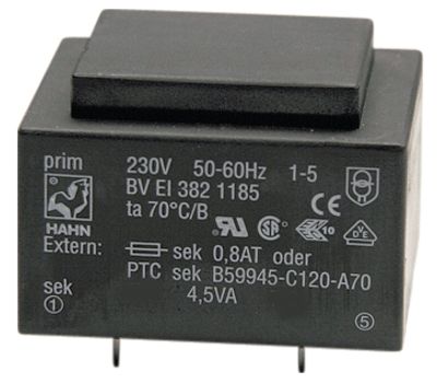 Kretskorttransformator 4,5VA 2x18Vac