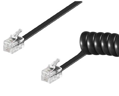 Telefonanslutningskabel med spiralledning RJ9/RJ9 svart 7m