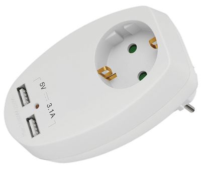 USB-strömadapter med Schuko-genomföring 5Vdc 3,1A 2xUSB-A