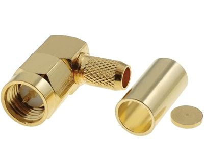 Förgylld SMA-kontakt vinklad kläm- / lödbar RG-58U