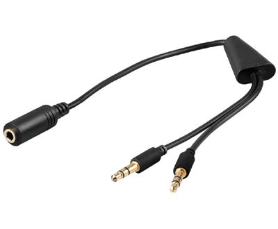 Ljuddelningskabel 3,5 mm 4-polig kontakt / 2x3,5 mm stereoplugg svart 0,4 m