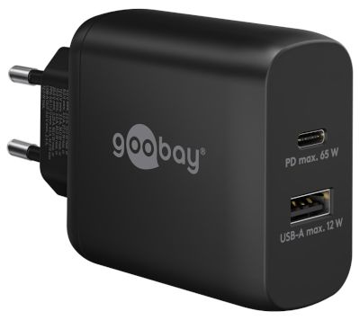 USB-C strömadapter 5Vdc 2,4A USB-A + PD 65W USB-C svart