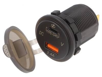 DC/USB-spänningsomvandlare för panelmontering 12-24Vdc/1x5Vdc 2,4A 1xUSB-C Power Delivery