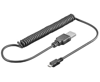 USB-A / micro-USB-B anslutningskabel med spiralledning svart 1m